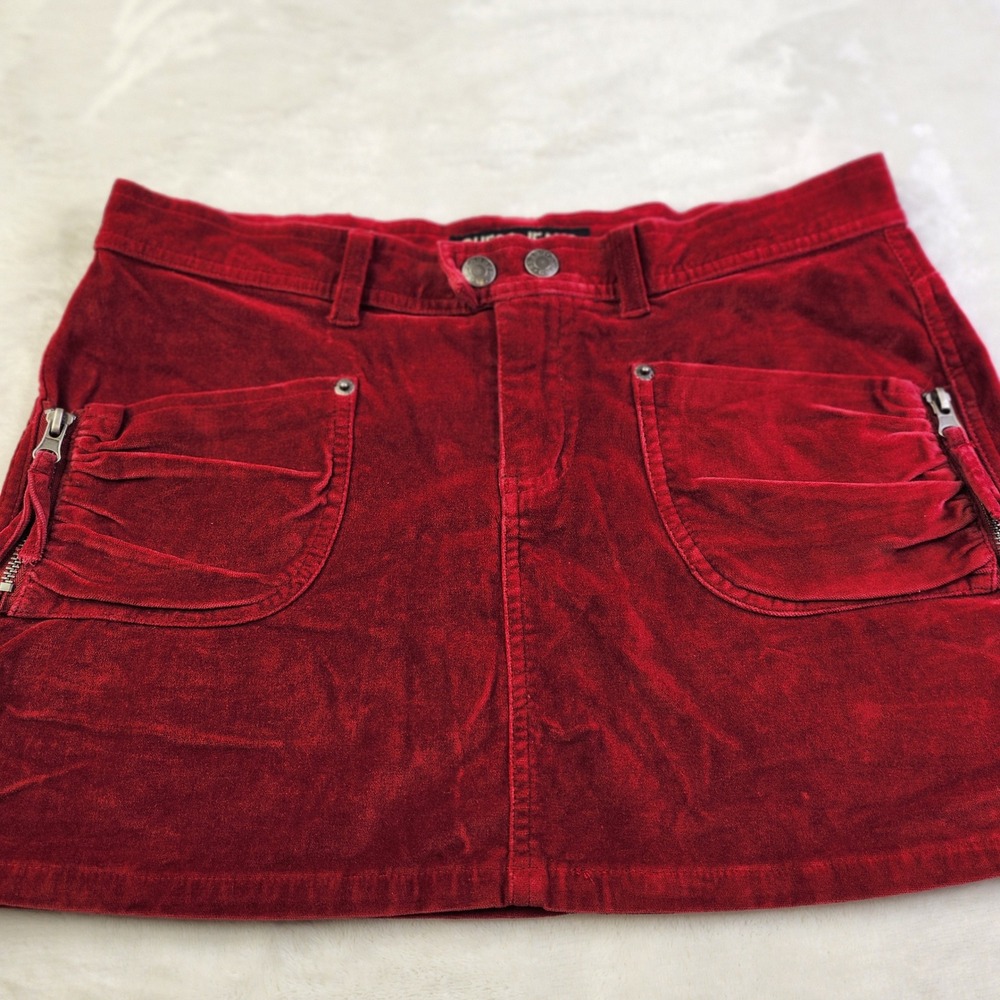Vintage 90s Guess Velour Micro Mini Skirt Womens 27 Red Cargo Utility Whimsigoth - Picture 6 of 13